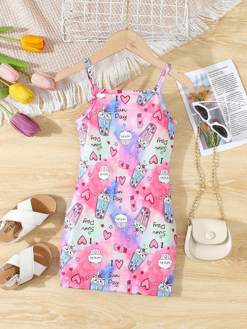 Girls' Fashionable Letter Printed Casual Sling Dress