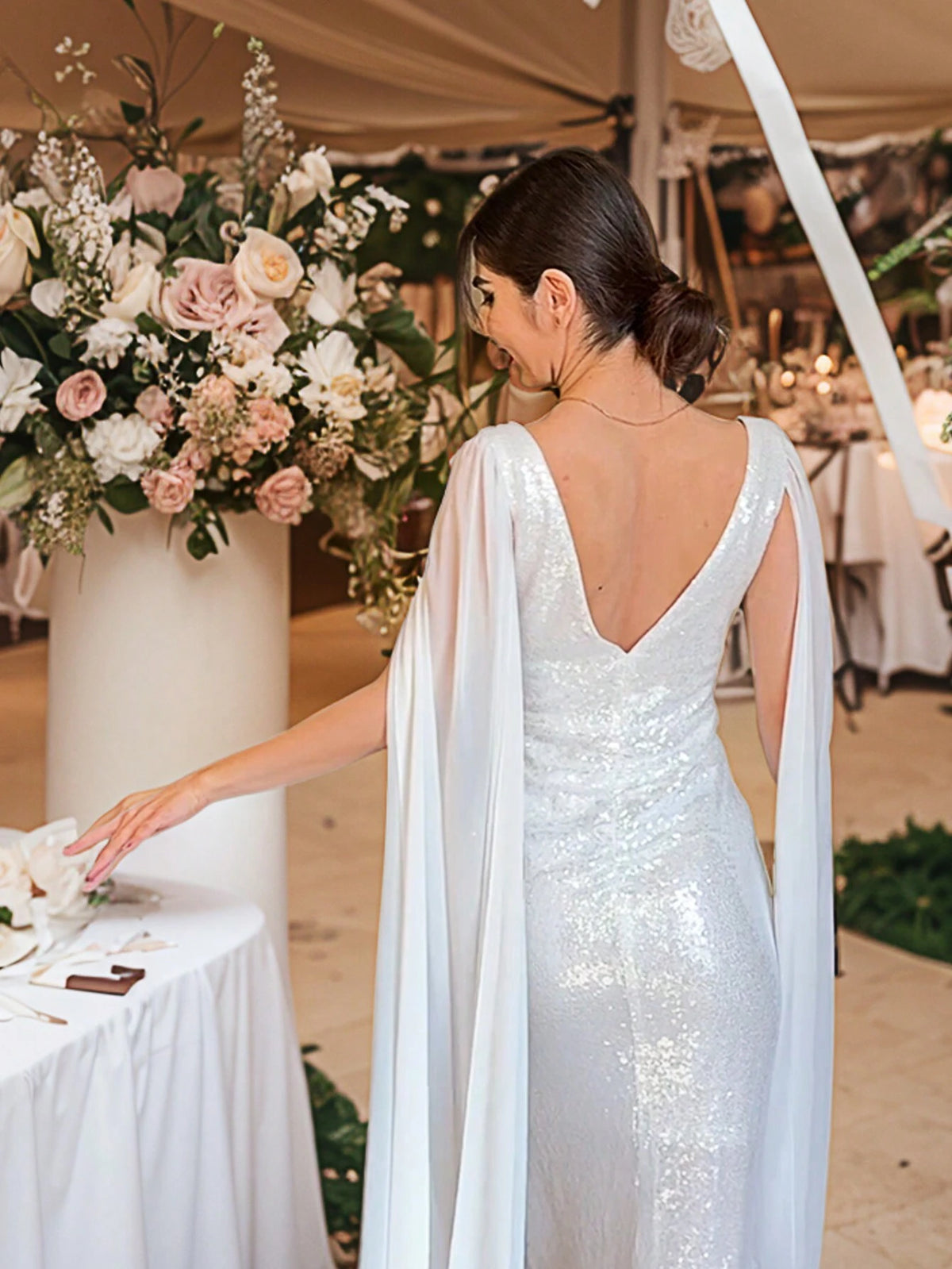 ANGEL FASHIONS Women Deep V Neck Solid Color Mesh Patchwork Long Sparkly Cape Sleeve Formal Evening Dress