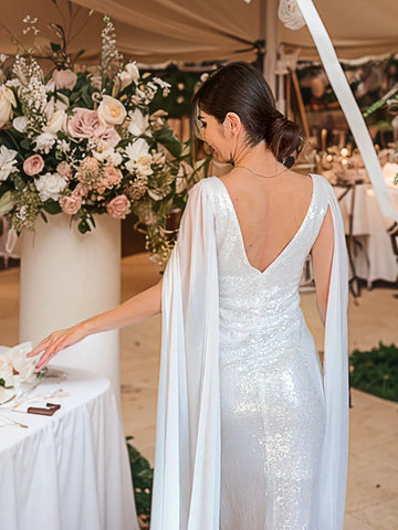 ANGEL FASHIONS Women Deep V Neck Solid Color Mesh Patchwork Long Sparkly Cape Sleeve Formal Evening Dress