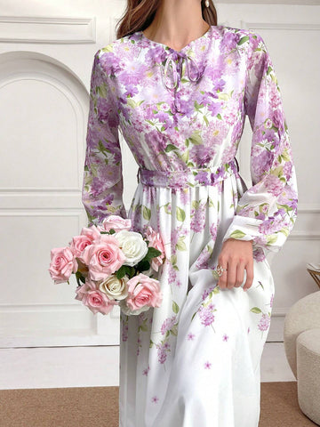 Elegant Floral Printed Lantern Sleeve Long Dress For Spring And Summer