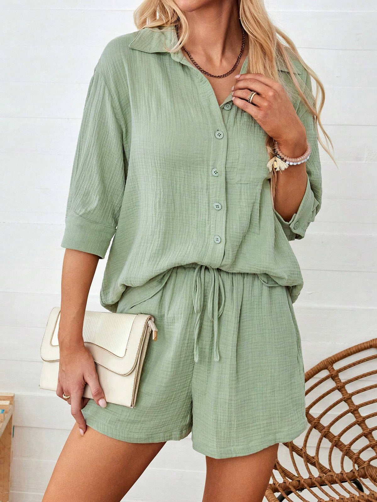 Casual Green Mid-Length Sleeve Open Front Top And Shorts Set, Summer