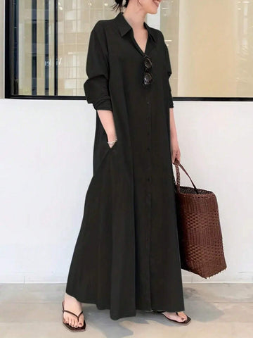 Ladies' Solid Color Front Button Long Shirt Dress For Holiday & Leisure