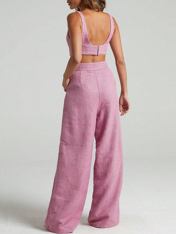 Women Summer 2-Piece Set - Short Pink Top And Wide-Leg Pants