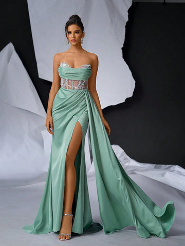 Elegant And Romantic Corset Dress With Sweetheart Neckline And Fishbone, Luxury Beaded Trim, Sexy Mesh Inserts, High Waist, Satin Skirt, Cascading Side Drapes, Mermaid Hemline, Perfect For Prom, Wedding And Holiday Party