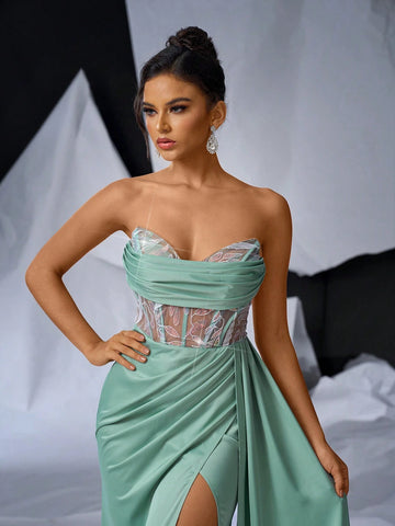 Elegant And Romantic Corset Dress With Sweetheart Neckline And Fishbone, Luxury Beaded Trim, Sexy Mesh Inserts, High Waist, Satin Skirt, Cascading Side Drapes, Mermaid Hemline, Perfect For Prom, Wedding And Holiday Party