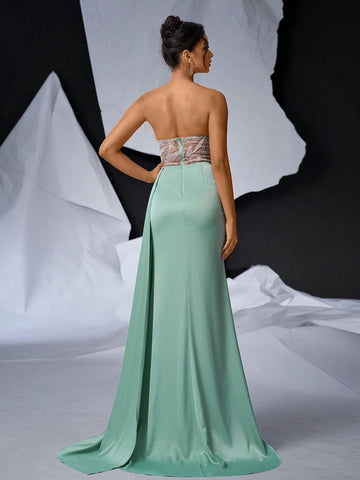 Elegant And Romantic Corset Dress With Sweetheart Neckline And Fishbone, Luxury Beaded Trim, Sexy Mesh Inserts, High Waist, Satin Skirt, Cascading Side Drapes, Mermaid Hemline, Perfect For Prom, Wedding And Holiday Party