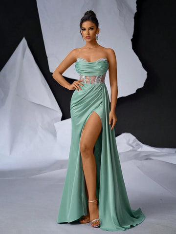 Elegant And Romantic Corset Dress With Sweetheart Neckline And Fishbone, Luxury Beaded Trim, Sexy Mesh Inserts, High Waist, Satin Skirt, Cascading Side Drapes, Mermaid Hemline, Perfect For Prom, Wedding And Holiday Party