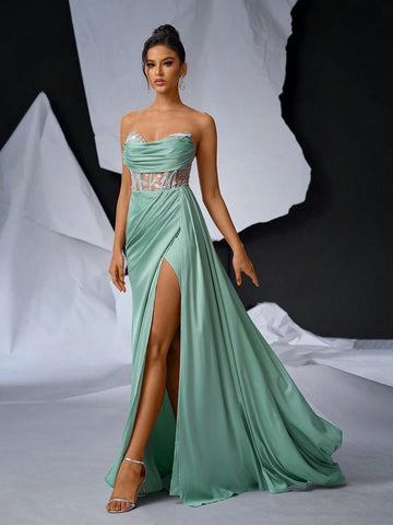 Elegant And Romantic Corset Dress With Sweetheart Neckline And Fishbone, Luxury Beaded Trim, Sexy Mesh Inserts, High Waist, Satin Skirt, Cascading Side Drapes, Mermaid Hemline, Perfect For Prom, Wedding And Holiday Party