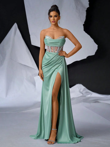 Elegant And Romantic Corset Dress With Sweetheart Neckline And Fishbone, Luxury Beaded Trim, Sexy Mesh Inserts, High Waist, Satin Skirt, Cascading Side Drapes, Mermaid Hemline, Perfect For Prom, Wedding And Holiday Party