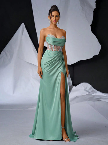 Elegant And Romantic Corset Dress With Sweetheart Neckline And Fishbone, Luxury Beaded Trim, Sexy Mesh Inserts, High Waist, Satin Skirt, Cascading Side Drapes, Mermaid Hemline, Perfect For Prom, Wedding And Holiday Party