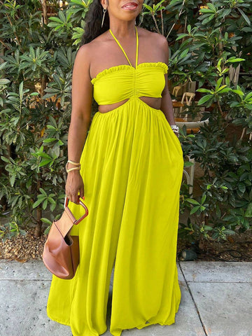 Solid Color Halter Backless Wide Leg Jumpsuit For Vacation