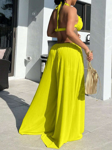 Solid Color Halter Backless Wide Leg Jumpsuit For Vacation
