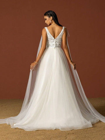 Ladies' Solid Color Simple Daily Lace Decorated Tulle Wedding Dress
