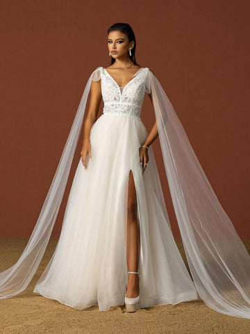 Ladies' Solid Color Simple Daily Lace Decorated Tulle Wedding Dress