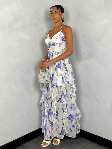 Summer Blue Floral Printed Vacation Dress For Women, Sexy Backless Design With Multi-Layer Ruffles And High Slit Hem, Sweet And Sexy