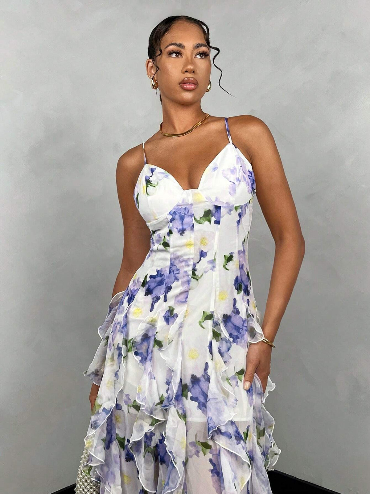 Summer Blue Floral Printed Vacation Dress For Women, Sexy Backless Design With Multi-Layer Ruffles And High Slit Hem, Sweet And Sexy