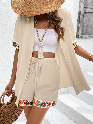 Solid Color Short Sleeve Holiday Cardigan And Lace Trim Casual Shorts Two-Piece Set
