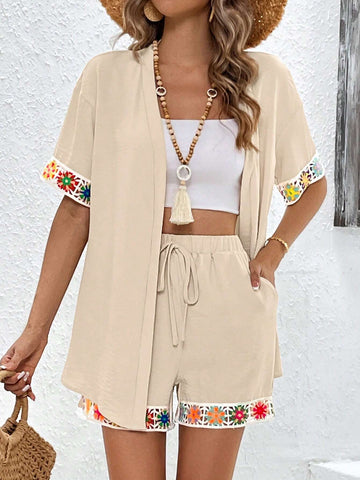 Solid Color Short Sleeve Holiday Cardigan And Lace Trim Casual Shorts Two-Piece Set
