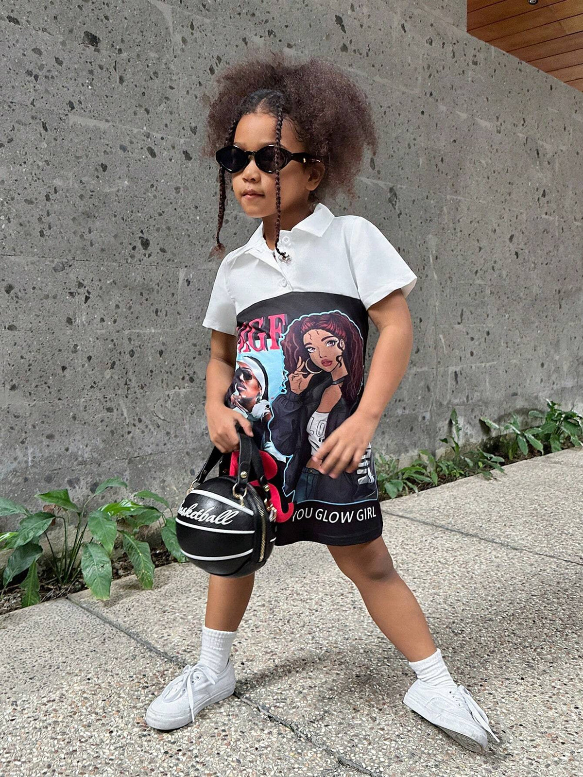 Streecool Kids Girls' Cool Black And White Spliced Shirt Collar Printed Dress For Little Girls