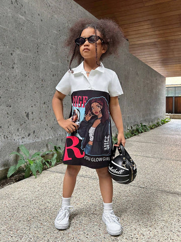 Streecool Kids Girls' Cool Black And White Spliced Shirt Collar Printed Dress For Little Girls
