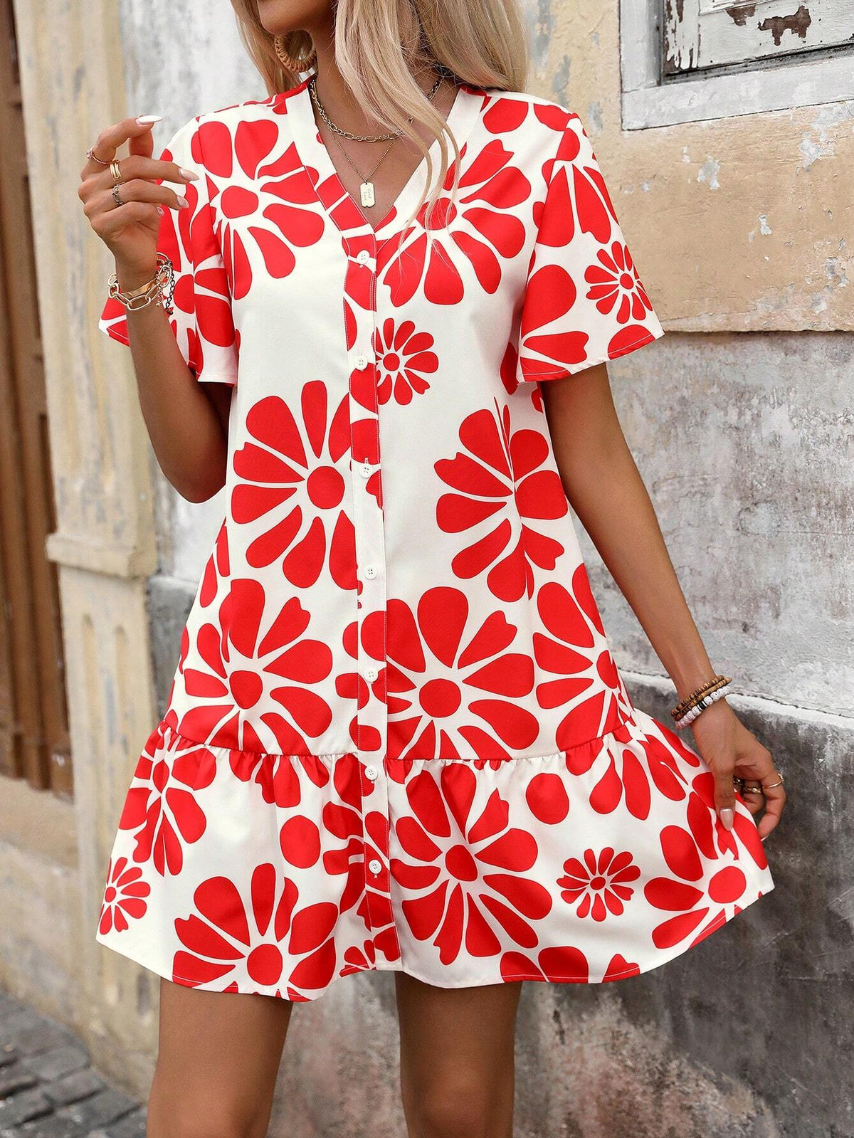 Ladies' Contrast Color Short Sleeve V-Neck Single-Breasted Summer Dress