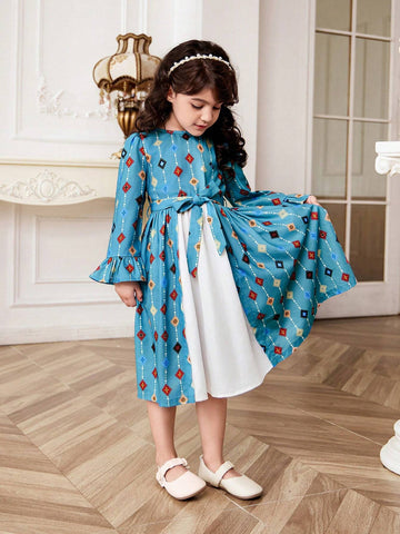 Young Girl Knitted Color Block Geometric Pattern Round Neck Slim Fit Casual Dress