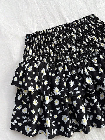 WYWH Women's Daisy And Butterfly Print Double-Layer A-Line Skirt, Vacation Style