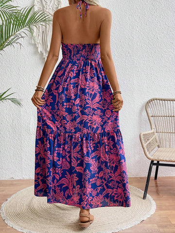 Floral Printed Pleated Halter Summer Dress For Women