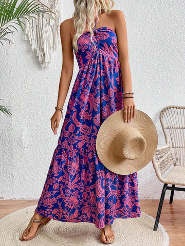 Floral Printed Pleated Halter Summer Dress For Women