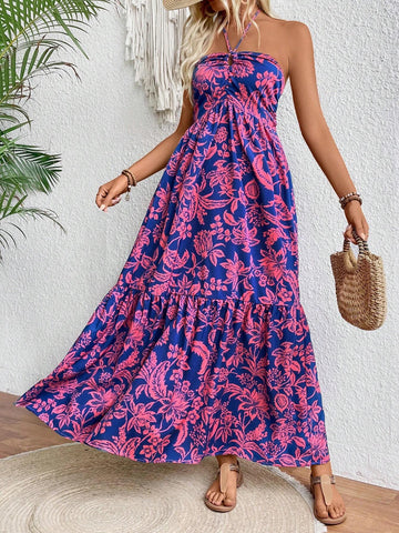 Floral Printed Pleated Halter Summer Dress For Women
