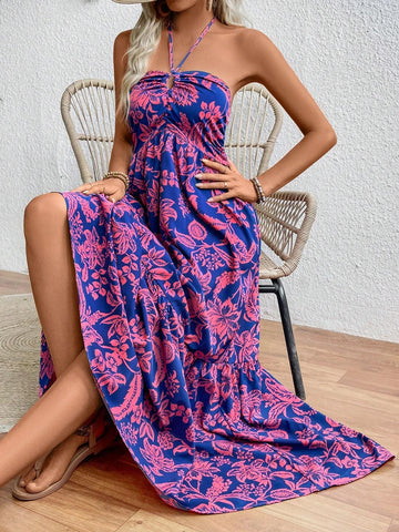 Floral Printed Pleated Halter Summer Dress For Women