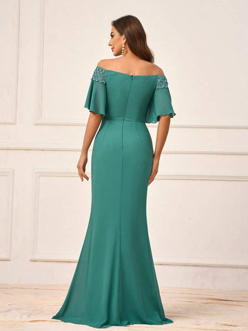 Women's Romantic Dark Green Chiffon Fabric Fish Tail Dress With Water Soluble Lace Trim, Off Shoulder With Ruffle Sleeve And Gathered Waist, Perfect For Wedding Season, Mother's Day, Formal Events, Standard Size, Suitable For Bridesmaid Dress