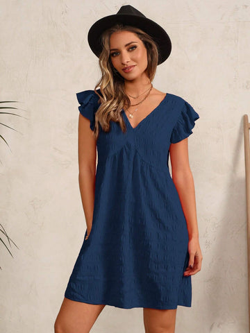 V-Neck Pleated Ruffle Sleeve Texture Casual Dress For Women