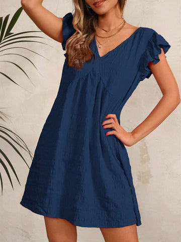 V-Neck Pleated Ruffle Sleeve Texture Casual Dress For Women