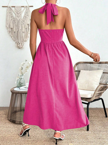 Women's Summer Elegant Solid Color High Waist Tie-Neck Halter Dress