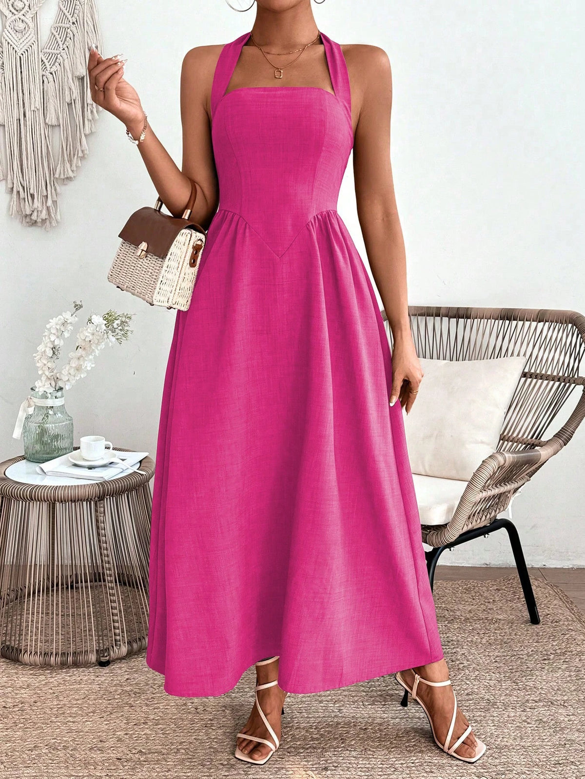 Women's Summer Elegant Solid Color High Waist Tie-Neck Halter Dress