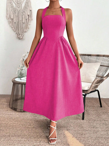 Women's Summer Elegant Solid Color High Waist Tie-Neck Halter Dress