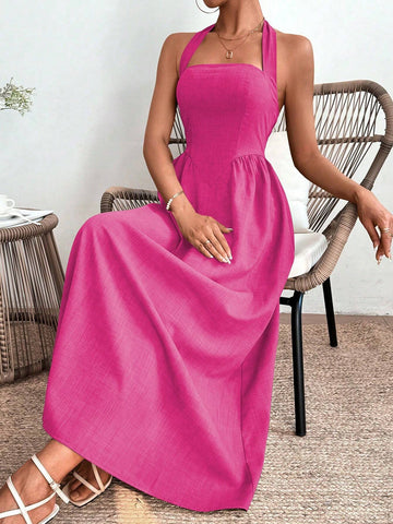 Women's Summer Elegant Solid Color High Waist Tie-Neck Halter Dress