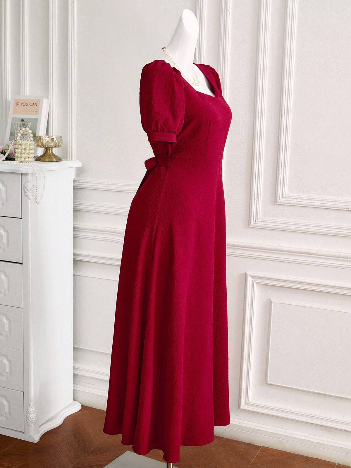 Women's Sweetheart Neckline Puff Sleeve Elegant Solid Color Tie-Back High Waist Summer Dress