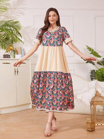 Women's Geometric Printed Round Neck Short Sleeve Maxi Elegant Vacation Dress