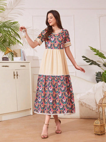 Women's Geometric Printed Round Neck Short Sleeve Maxi Elegant Vacation Dress