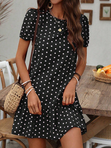 Women's Summer Polka Dot Printed Round Neck Short Puff Sleeve Straight Dress