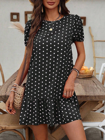 Women's Summer Polka Dot Printed Round Neck Short Puff Sleeve Straight Dress