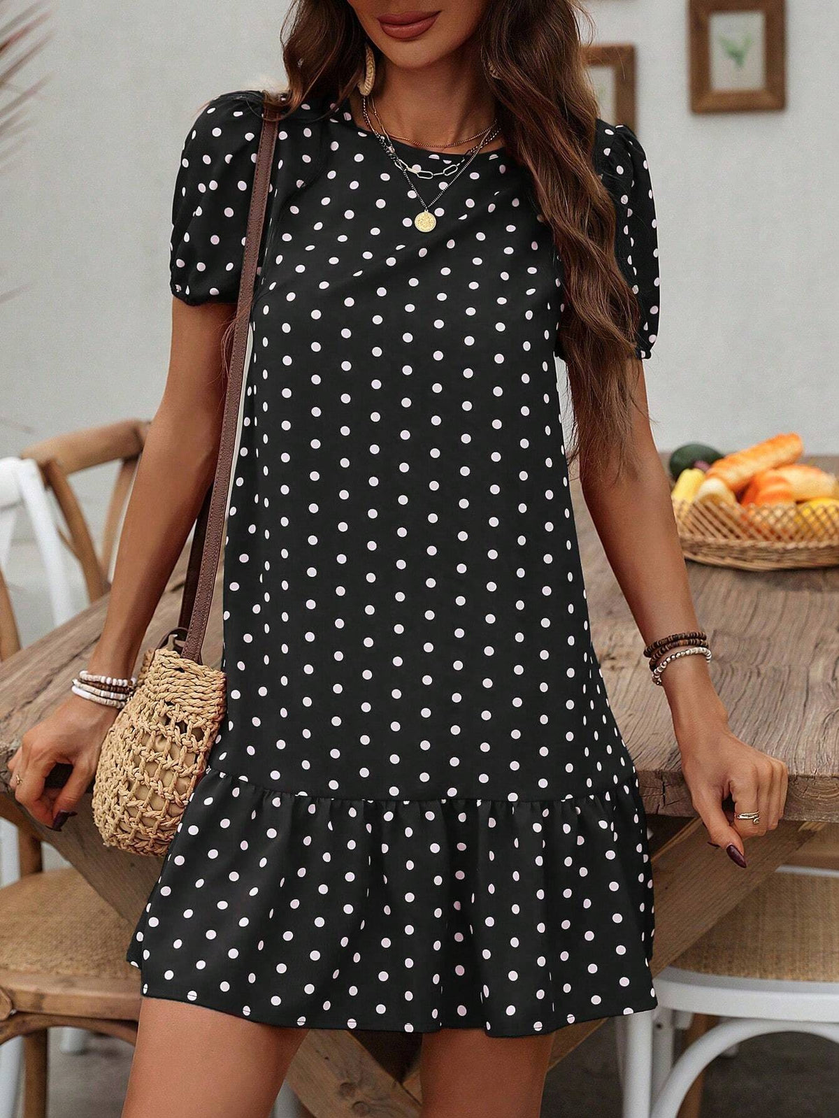 Women's Summer Polka Dot Printed Round Neck Short Puff Sleeve Straight Dress