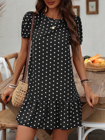 Women's Summer Polka Dot Printed Round Neck Short Puff Sleeve Straight Dress