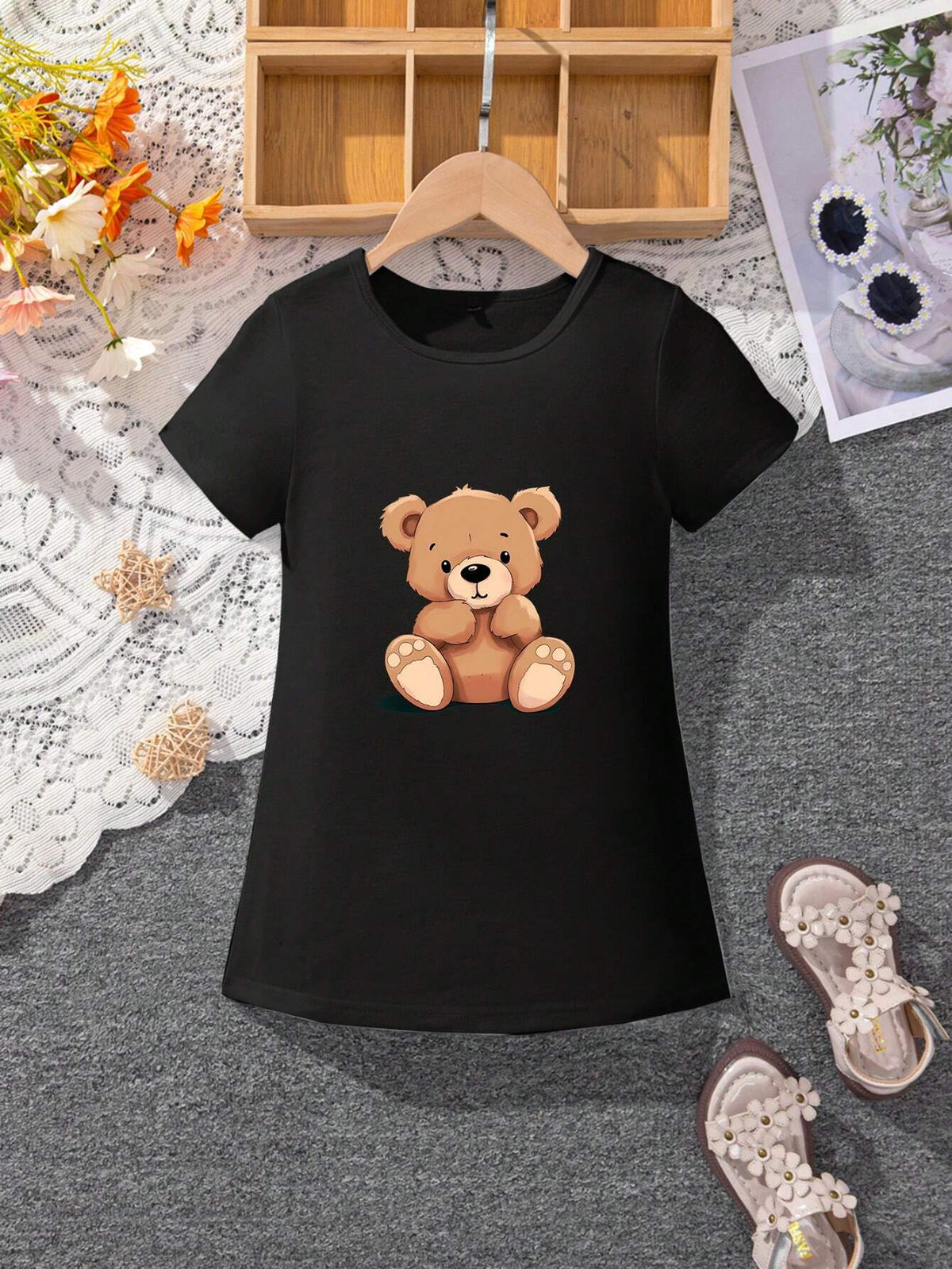 Girls' Lovely Cartoon Bear Pattern Casual Comfortable Short Sleeve Dress, Summer