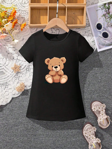 Girls' Lovely Cartoon Bear Pattern Casual Comfortable Short Sleeve Dress, Summer