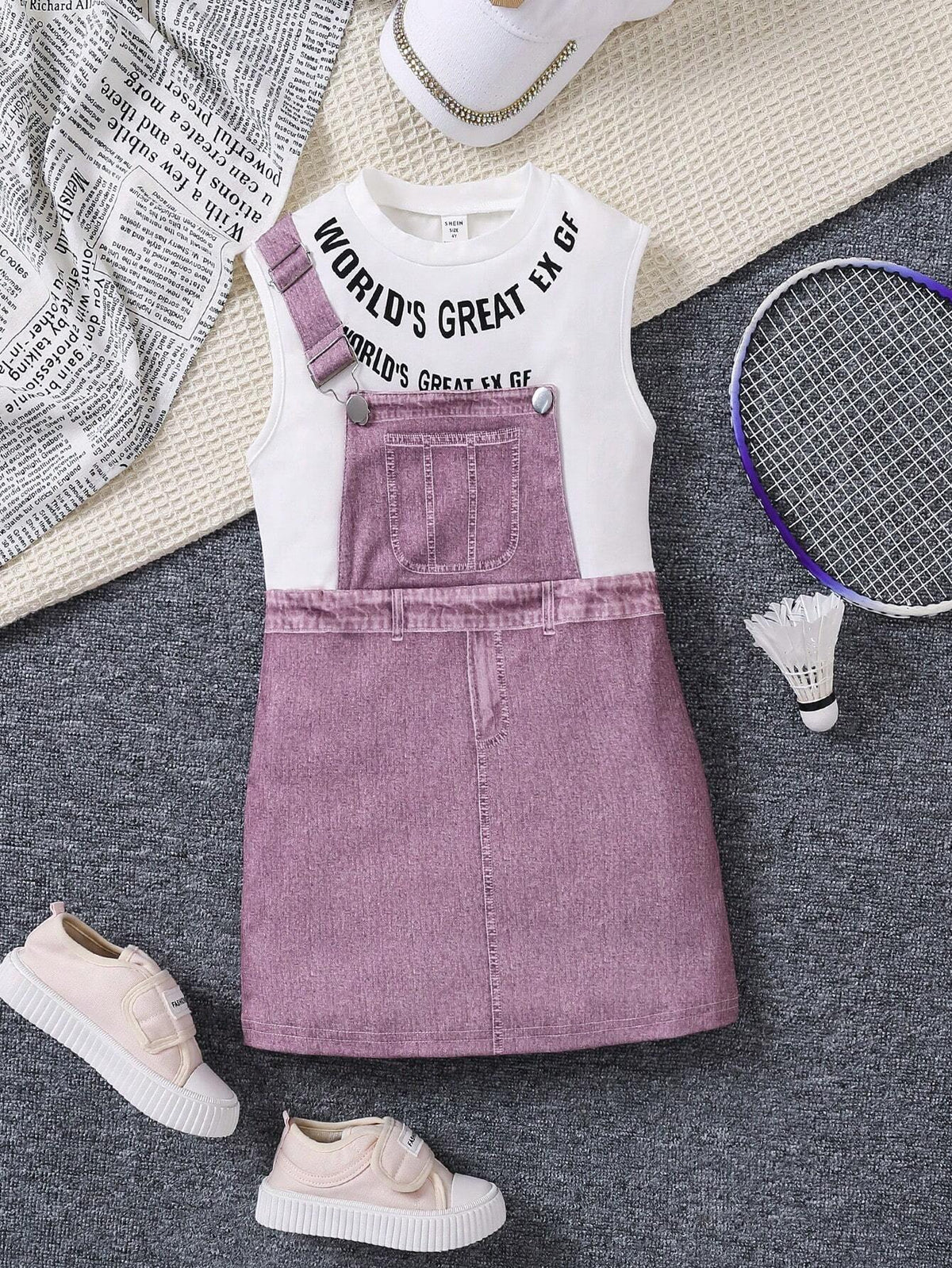 Young Girl's Cool Fashion Irregular Denim-Printed 2 In 1 Dress