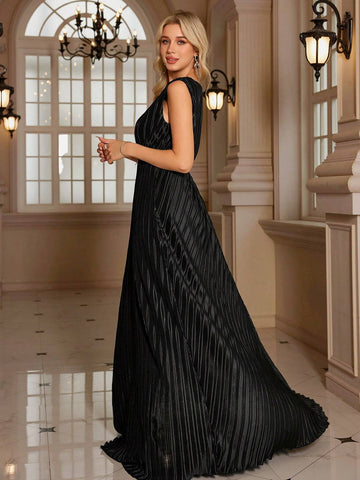 Women's Sleeveless Long Pleated And Slit Stretch Waist Party Dress With Embroidered Flowers