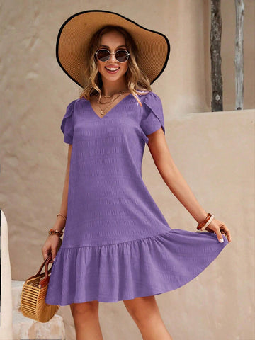 Women's Solid Color Bubble Sleeve Holiday Leisure Dress